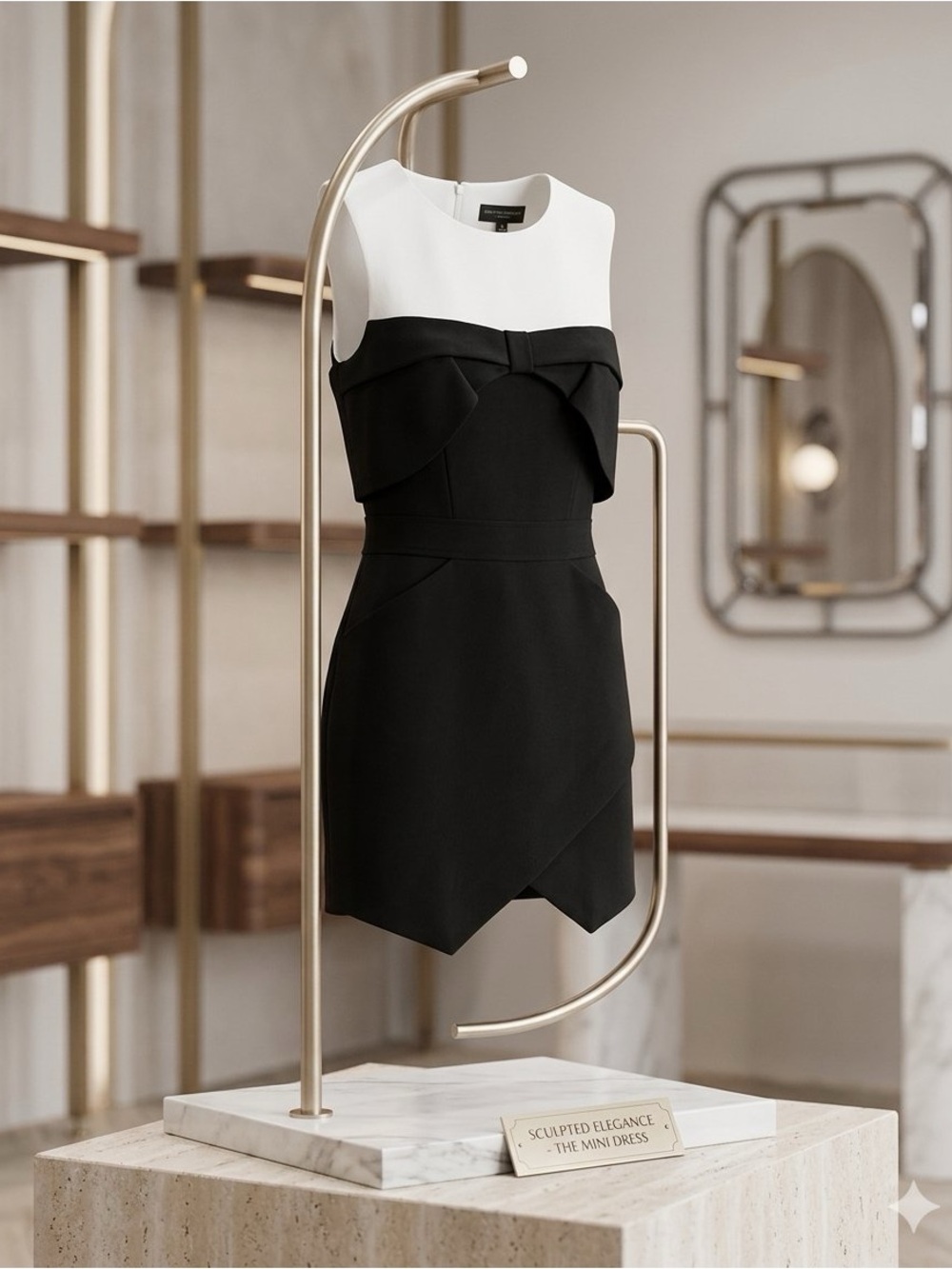 BCBGMaxAzria Black and White Sleeveless Sheath Dress with Peplum Detail